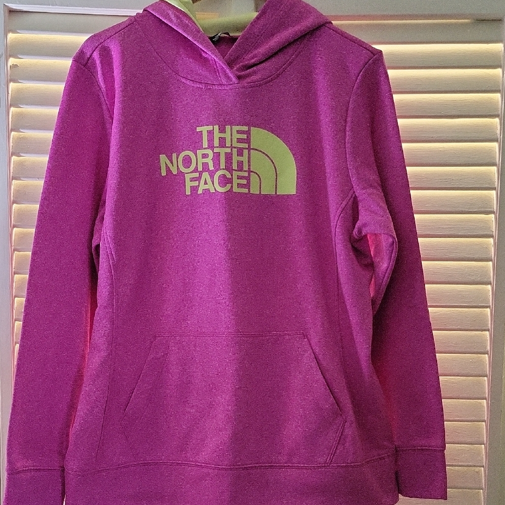 The North Face Magenta Hoodie with Neon Yellow Logo and Inside Hood